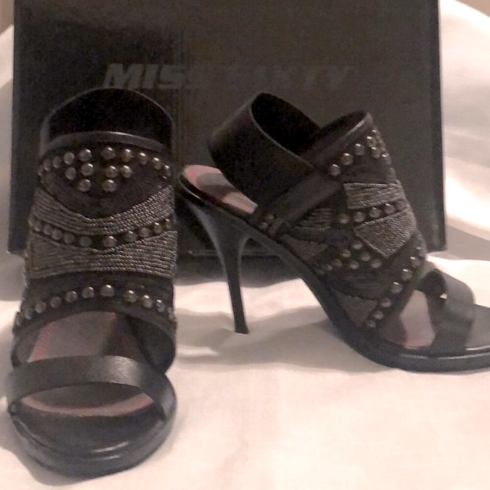 MISS SIXTY SADE BLACK STUDDED & BEADED HIGH HEELS • 38M